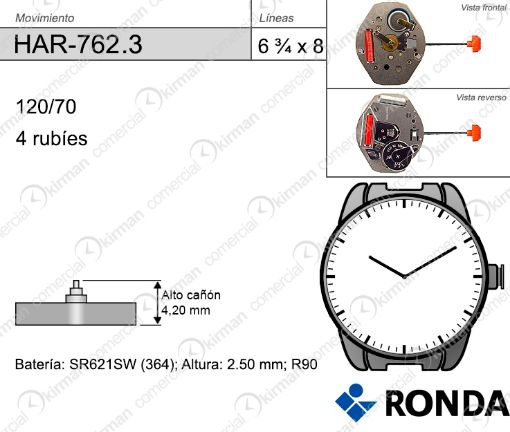 Imagen de Movimiento de pulsera de cuarzo Ronda 762 con altura de cañón especial