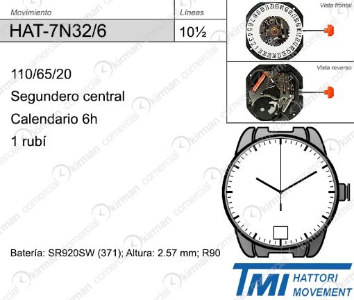 Imagen de Movimiento de pulsera Hattori 7N32 con calendario a las 6h