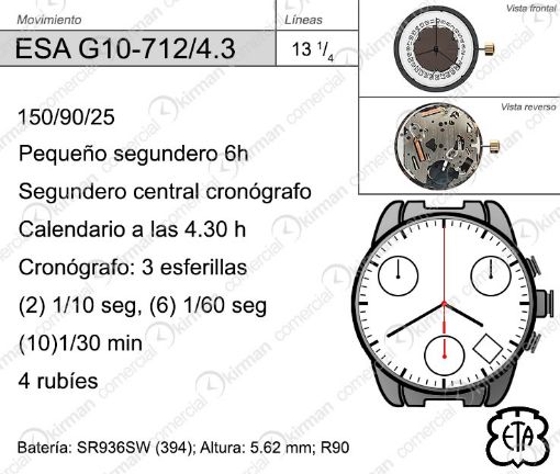 Imagen de Movimiento de pulsera ETA G10-712 con calendario a las  4.30H
