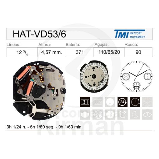 Imagen de Movimiento de pulsera Hattori VD53 con calendario a las 6h