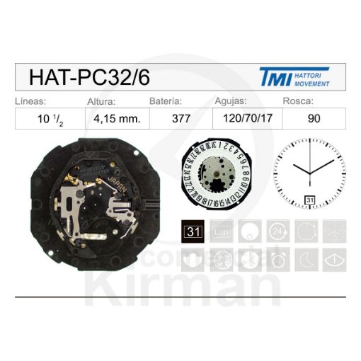 Imagen de Movimiento de pulsera Hattori PC32 con calendario a las 6h