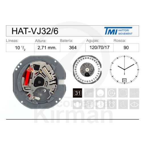 Imagen de Movimiento de pulsera Hattori VJ32 con calendario a las 6h