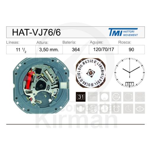 Imagen de Movimiento de pulsera Hattori VJ76 con calendario a las 6h