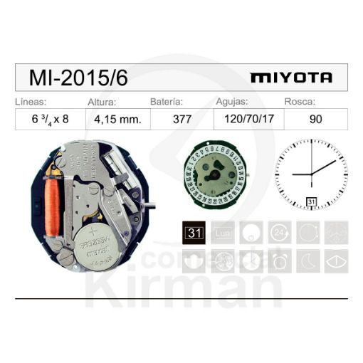 Imagen de Movimiento de pulsera de cuarzo Miyota 2015 con calendario a las 6h