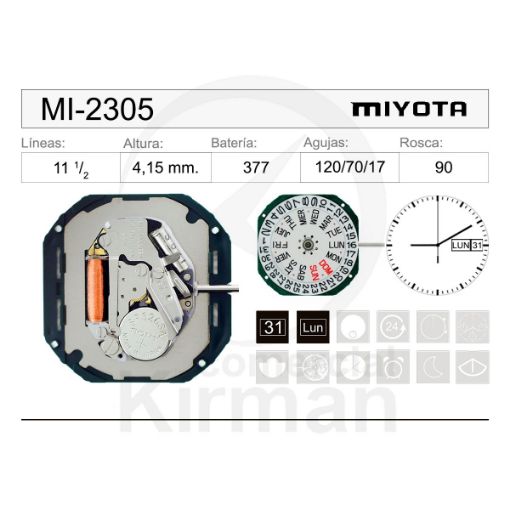 Imagen de Movimiento de pulsera de cuarzo Miyota 2305