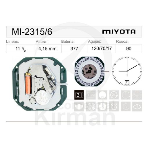 Imagen de Movimiento de pulsera de cuarzo Miyota 2315 con calendario a las 6h