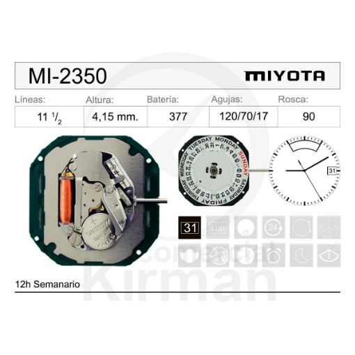 Imagen de Movimiento de pulsera de cuarzo Miyota 2350