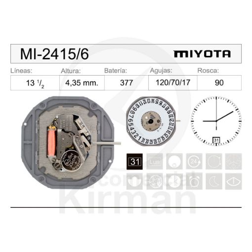 Imagen de Movimiento de pulsera de cuarzo Miyota 2415 con calendario a las 6h