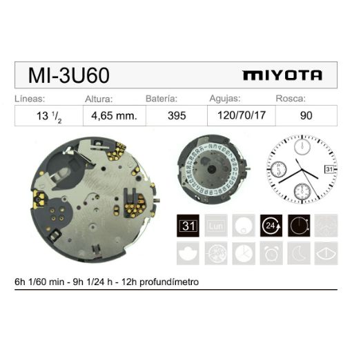 Movimiento de pulsera de cuarzo Miyota 3U60
