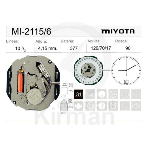 Imagen de Movimiento de pulsera de cuarzo Miyota 2115 con calendario a las 6h