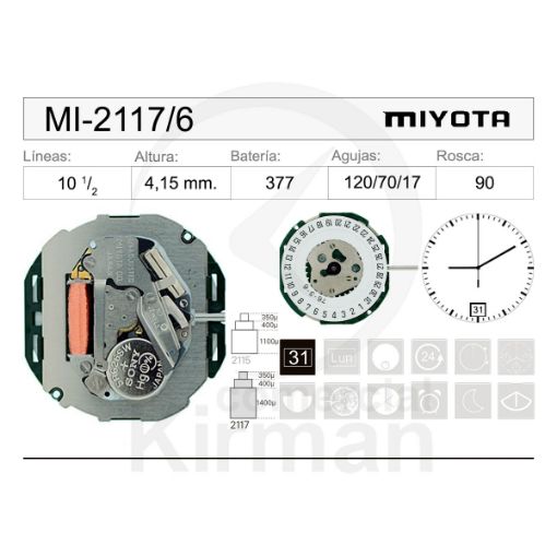 Imagen de Movimiento de pulsera de cuarzo Miyota 2117 con calendario a las 6h