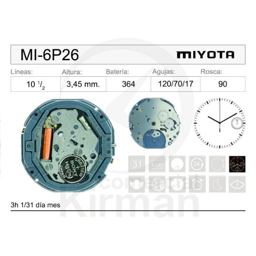 Imagen de Movimiento de pulsera de cuarzo Miyota 6P26