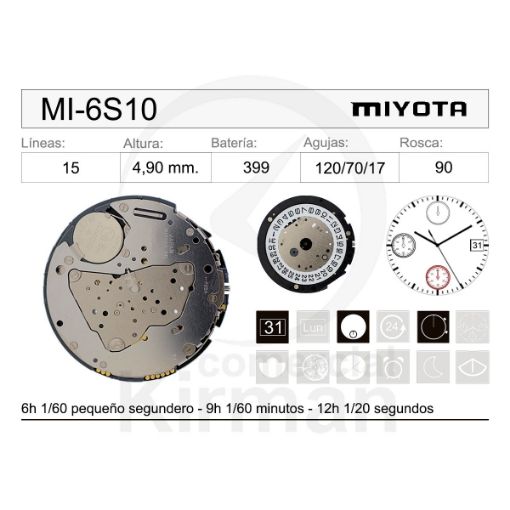 Imagen de Movimiento de pulsera de cuarzo Miyota 6S10