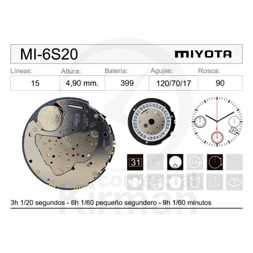 Imagen de Movimiento de pulsera de cuarzo Miyota 6S20