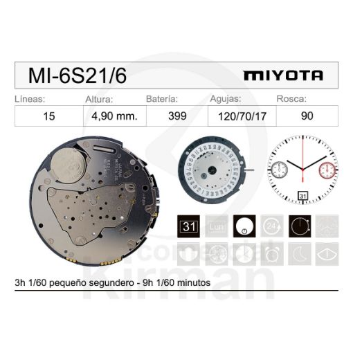 Imagen de Movimiento de pulsera de cuarzo Miyota 6S21 con calendario a las 6h