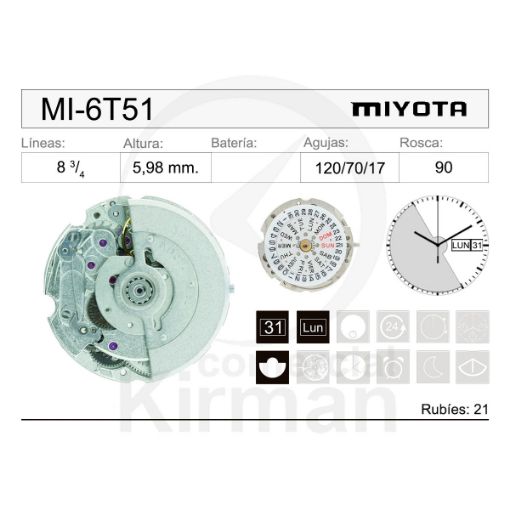 Imagen de Movimiento de pulsera mecánico automático Miyota 6T51