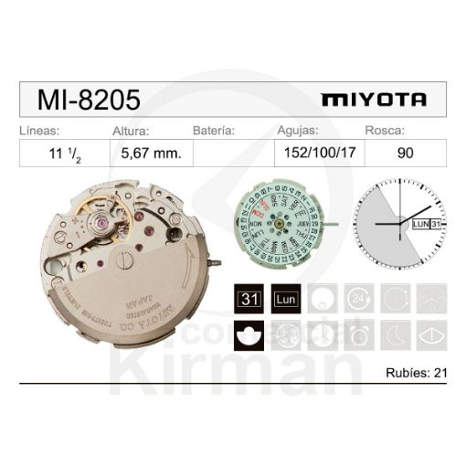 Imagen de Movimiento de pulsera mecánico automático Miyota 8205