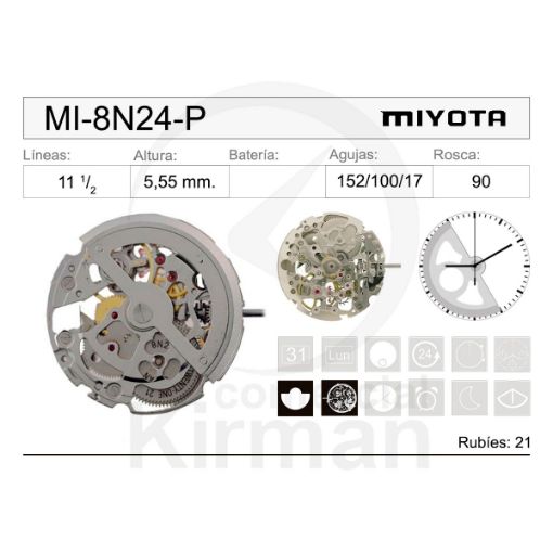 Imagen de Movimiento de pulsera mecánico automático Miyota 8N24 cromado tipo skeleton