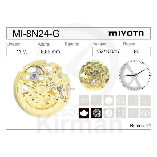 Imagen de Movimiento de pulsera mecánico automático Miyota 8N24 dorado tipo skeleton