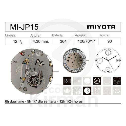 Imagen de Movimiento de pulsera de cuarzo Miyota JP15