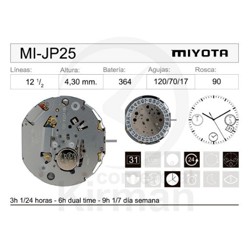 Imagen de Movimiento de pulsera de cuarzo Miyota JP25