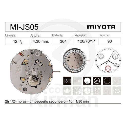 Imagen de Movimiento de pulsera de cuarzo Miyota JS05