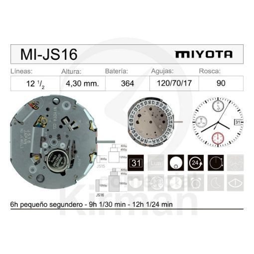 Imagen de Movimiento de pulsera de cuarzo Miyota JS16