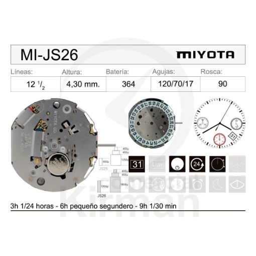 Imagen de Movimiento de pulsera de cuarzo Miyota JS26