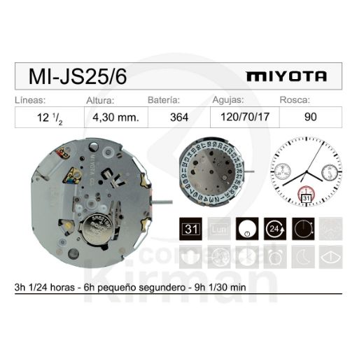Imagen de Movimiento de pulsera de cuarzo Miyota JS25 con calendario a las 6h