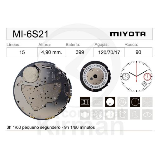 Imagen de Movimiento de pulsera de cuarzo Miyota MI-6S21