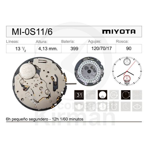 Imagen de Movimiento de pulsera de cuarzo Miyota OS11 con calendario a las 6h