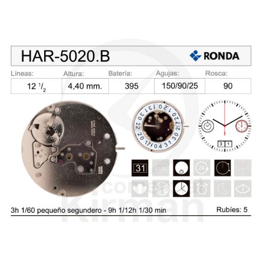 Imagen de Movimiento de pulsera de cuarzo Ronda 5020.B