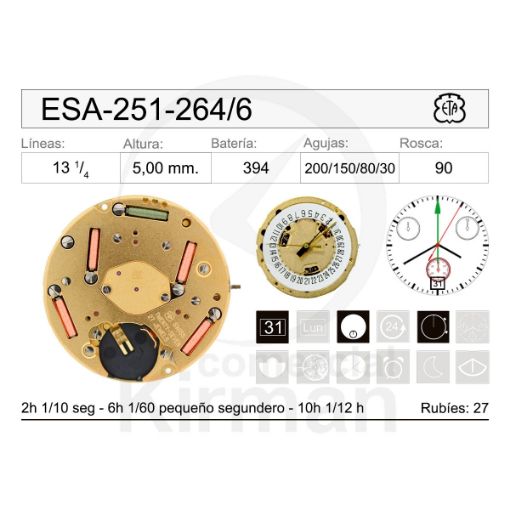 Imagen de Movimiento de pulsera ETA 251-264 con calendario a las 6h