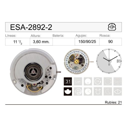 Imagen de Movimiento de pulsera mecánico automático ETA 2892-2