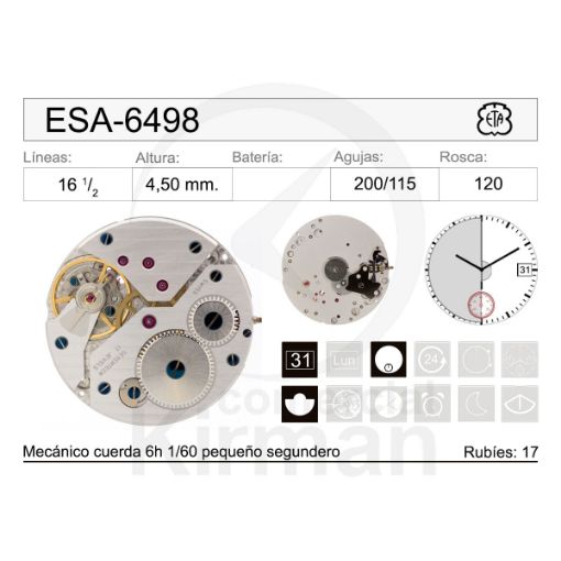 Imagen de Movimiento de pulsera mecánico por cuerda ETA 6498