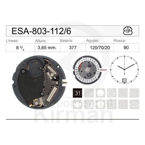 Imagen de Movimiento de pulsera ETA 803-112 Calendario 6H