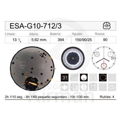 Imagen de Movimiento de pulsera ETA G10-712 Calendario a las 3H