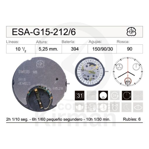 Imagen de Movimiento de pulsera ETA G15-212 con calendario a las 6h