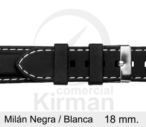Imagen de Correa silicona Milan color negra y costura blanca 18 mm