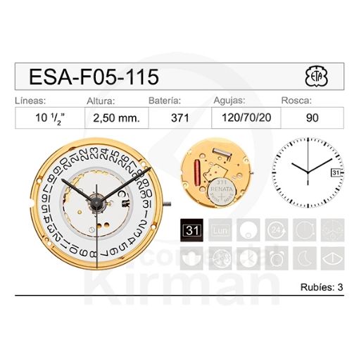 Imagen de Movimiento de pulsera ETA F05-115 con calendario a las 3