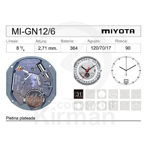 Imagen de Movimiento de pulsera Miyota GN12/6