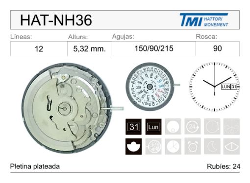 Imagen de Movimiento de pulsera Hattori NH36