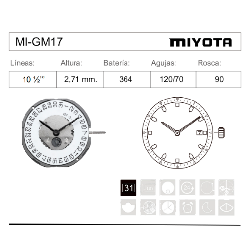 Imagen de Movimiento de pulsera Miyota GM17