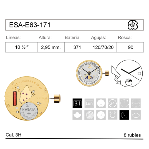 Movimiento de pulsera ETA E63-171 con Fase Lunar en Calendario a 3H
