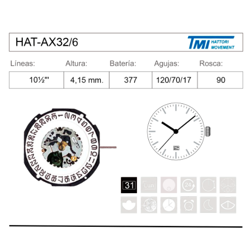 Imagen de Movimiento de Pulsera Hattori AX32 Con Calendario a 6H