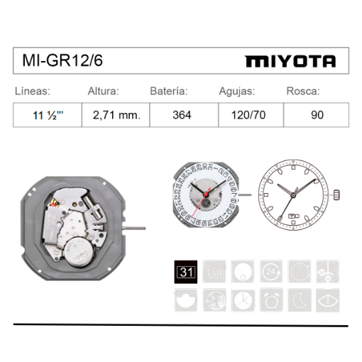Imagen de Movimiento de pulsera Miyota GR12/6