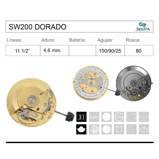 Movimiento de pulsera mecánico automático Sellita SW200 dorado