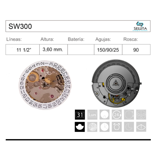 Movimiento de pulsera mecánico automático Sellita SW300 dorado