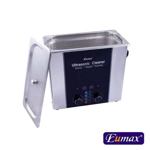 Lavadora industrial de ultrasonidos Eumax Serie SMD de 28 litros con controles digitales y grifo de vaciado.