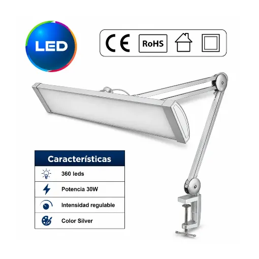 Lámpara de sobremesa articulada 360 leds Comercial Kirman plateada con pinza para fijación.